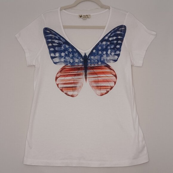 Unity World Wear Tops - Women's Unity World Wear American Red White & Blue Butterfly‎ 4th of July Size L